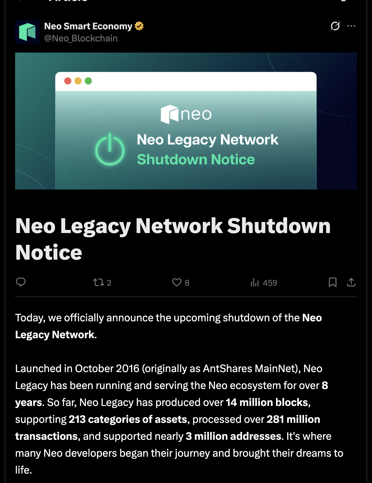 Neo anuncia oficialmente el cierre de la red Neo Legacy el 31/10/2025 | Tự  Do 114 en Binance Square