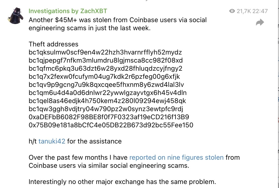 ZachXBT: Coinbase users lose an additional $45 million due to sophisticated  scams | Mr-Quit123 on Binance Square