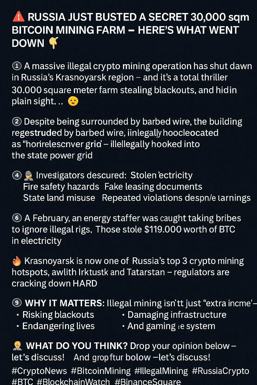 🚨 Rusia acaba de DESMANTELAR una granja secreta de minería de Bitcoin de  30,000 m² — Aquí está lo que sucedió 🧵👇 | CryptoDivaa en Binance Square