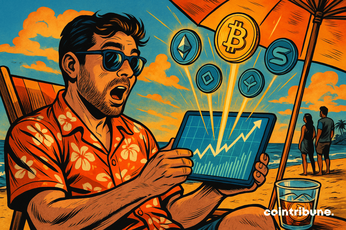 Um investidor de criptomoedas na praia, com clima de verão e uma surpresa digital. Sentado em uma espreguiçadeira sob um guarda-sol branco e laranja, ligeiramente inclinado para a frente, segurando um tablet com as duas mãos. Ele exibe um gráfico ultra-altista com cinco tokens flutuantes acima da tela: Bitcoin (BTC), Ethereum (ETH), Solana (SOL) e outros dois estilizados.