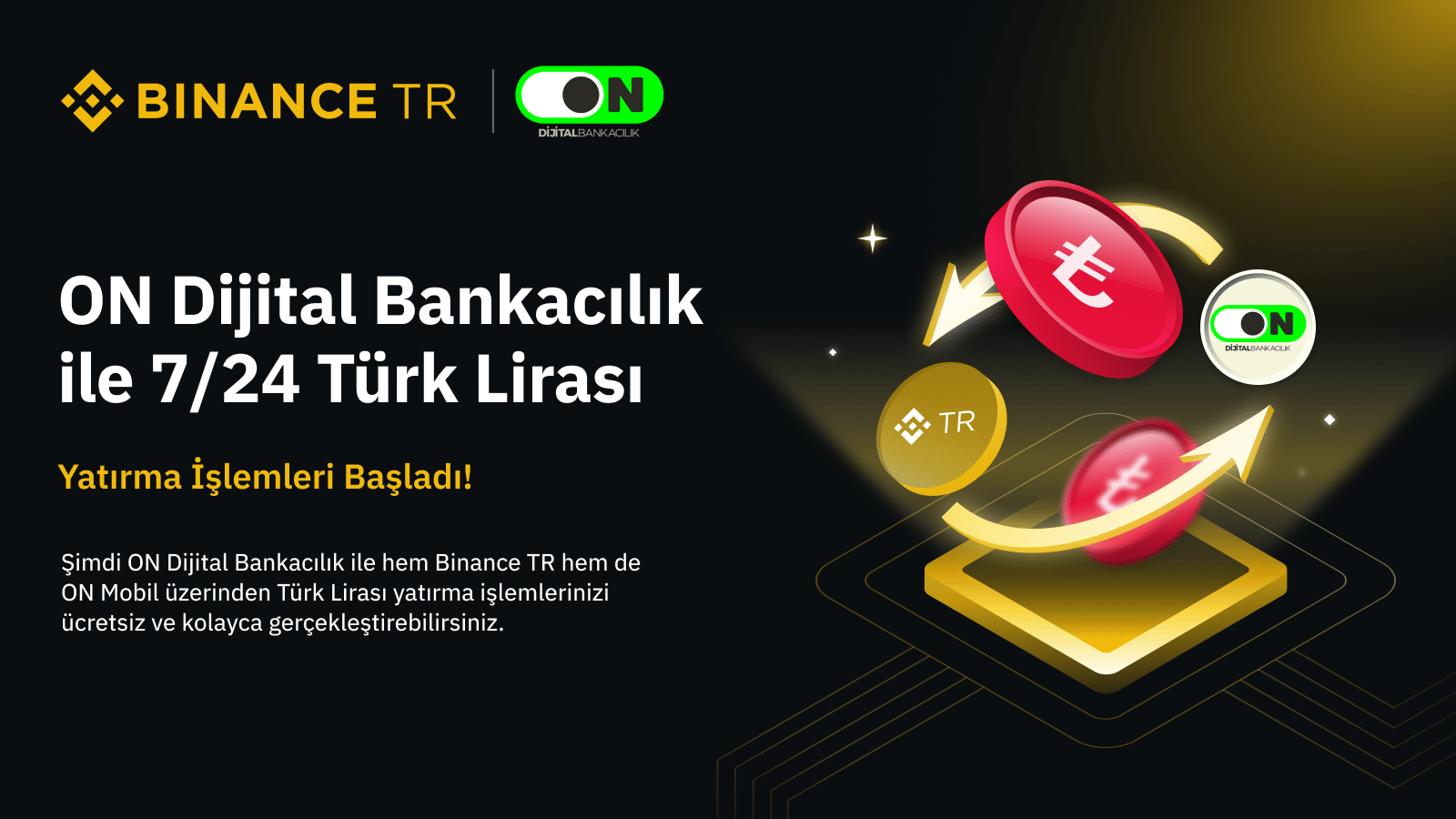 Binance TR 推出ON Dijital Bank 集成以實現24/7 免費存款💸 | 幣安廣場上的Enes