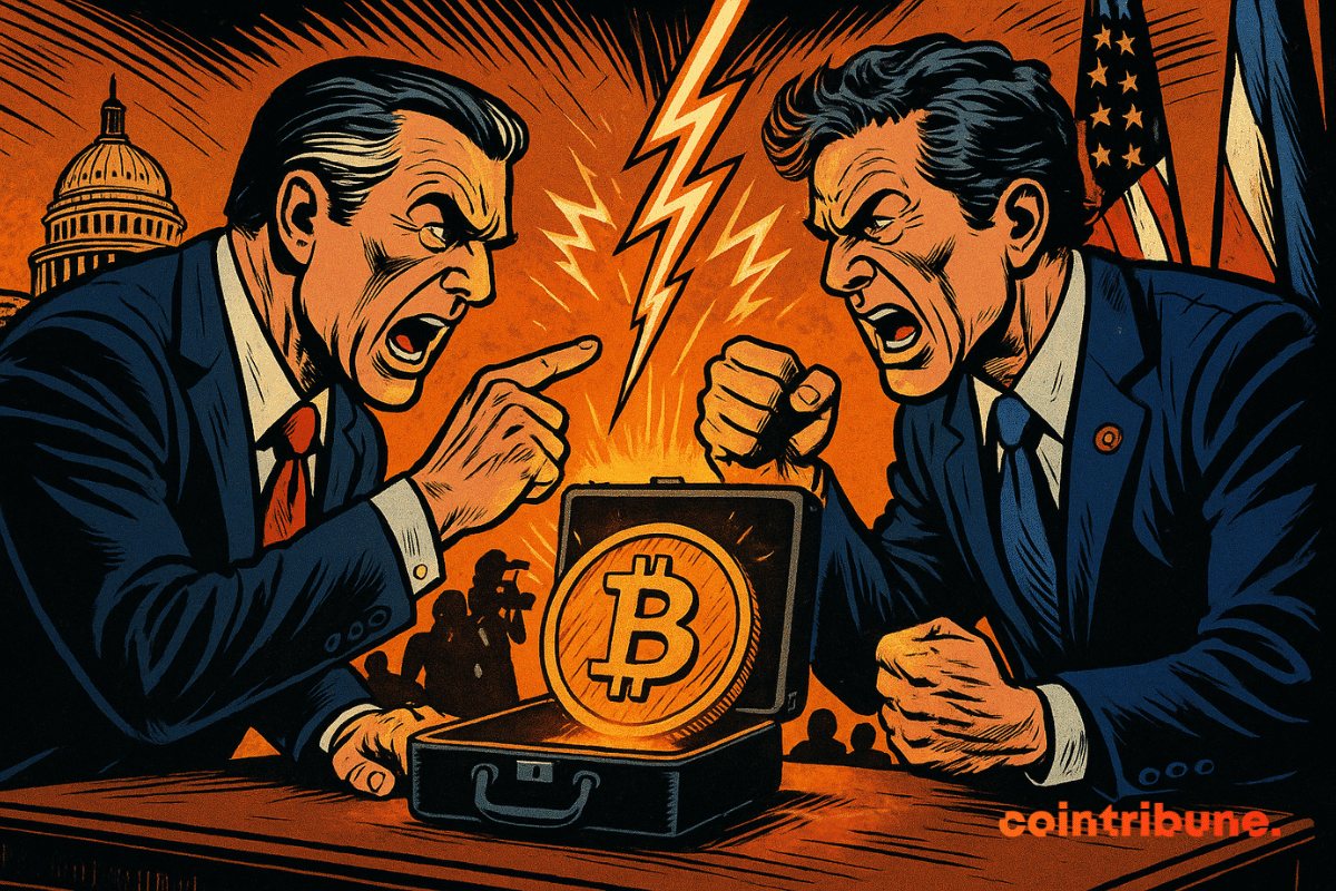Deux politiciens furieux s'affrontent violemment autour d’un Bitcoin lumineux, avec le Capitole en fond et des éclairs dramatiques.