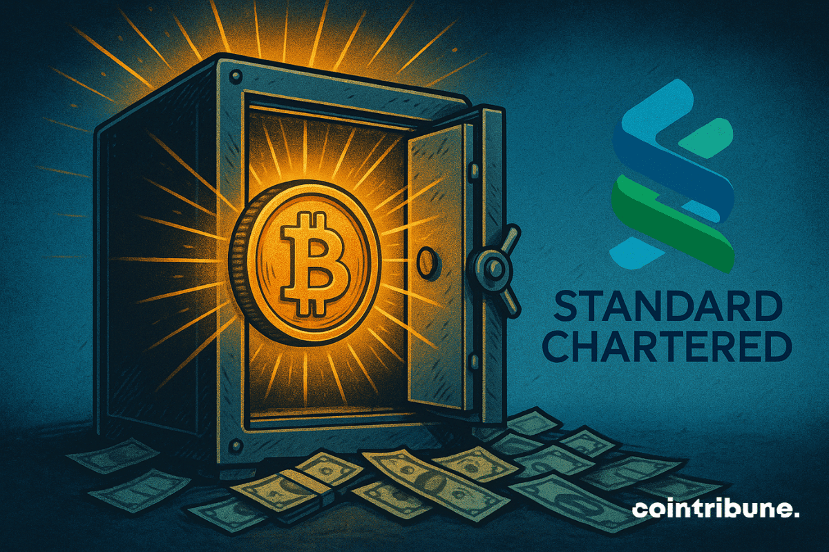 Illustration d'une pièce Bitcoin brillant à l'intérieur d'un coffre-fort avec le logo Standard Chartered, représentant l'adoption institutionnelle de la cryptographie.