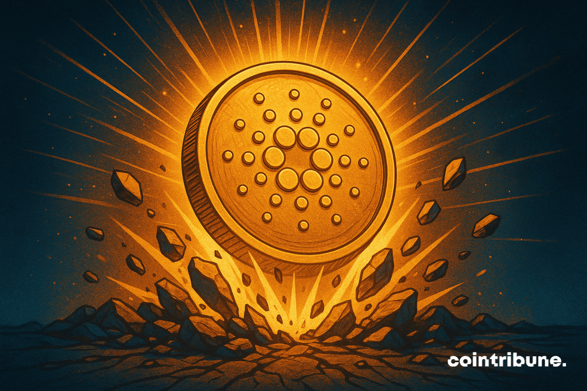 Illustration d'une pièce Cardano (ADA) jaillissant du sol, symbolisant une puissante flambée des prix.