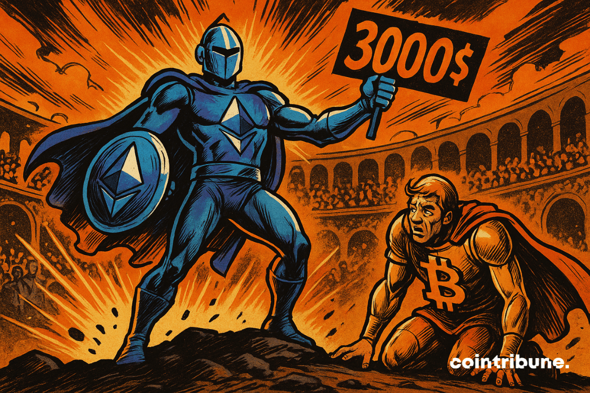 Ethereum triomphe de Bitcoin dans une arène, brandissant un panneau "3000$".