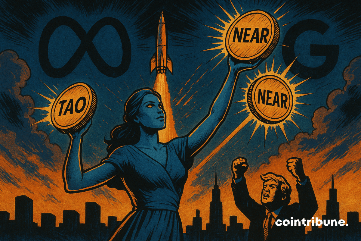 Une femme androïde en robe lève des jetons IA (TAO, NEAR, ICP) sous un ciel flamboyant. Fusée, Trump, et logos Google/Meta symbolisent l’essor explosif des cryptos.