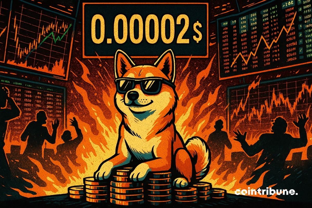 Le Shiba Inu en mode cool dans une bourse crypto en feu et un compteur qui affiche 0,00002 dollar.