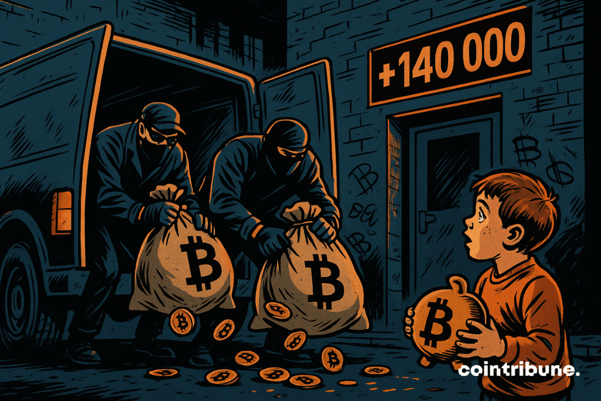 Deux livreurs anonymes, visages partiellement masqués par des casquettes ou lunettes noires, sont en train de décharger de gros sacs marqués du logo ₿ du Bitcoin.