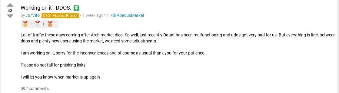 Largest Bitcoin darknet marketplace goes offline in a possible exit scam.