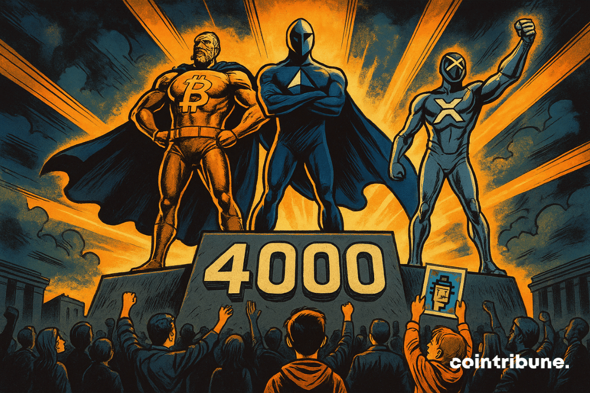 Trois figures humanoïdes colossales, représentant les piliers du marché crypto à savoir le Bitcoin, Ethereum et le XRP sont centrées sur un immense piédestal à trois niveaux, installé au milieu d’une place monumentale.