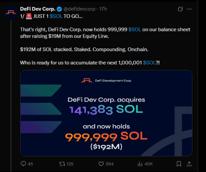 DeFi Dev Corp 1 Sol 即将推出。