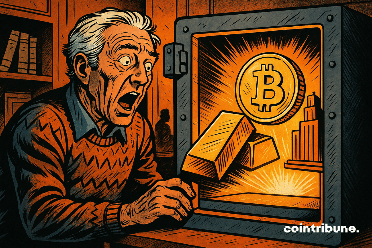 Un retraité stupéfait découvre dans son coffre-fort un Bitcoin géant, des lingots d’or et une tour symbolisant le capital-investissement, éclairés par une lumière orange éclatante.