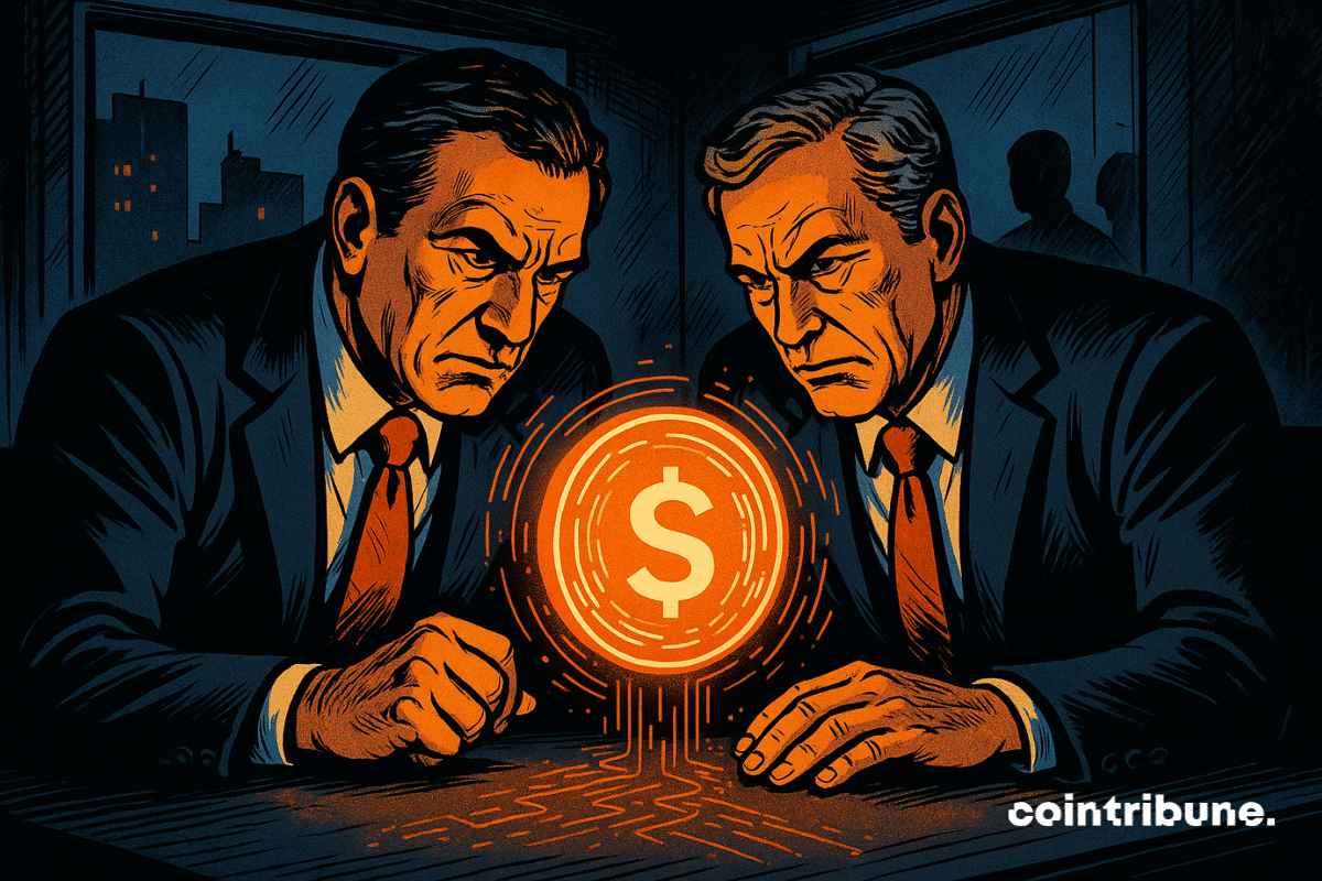 Deux banquiers concentrés examinent des stablecoins oranges lumineux, flottant entre eux dans une pièce sombre. En arrière-plan, des silhouettes mystérieuses suggèrent une intrigue secrète sur fond de finance numérique.