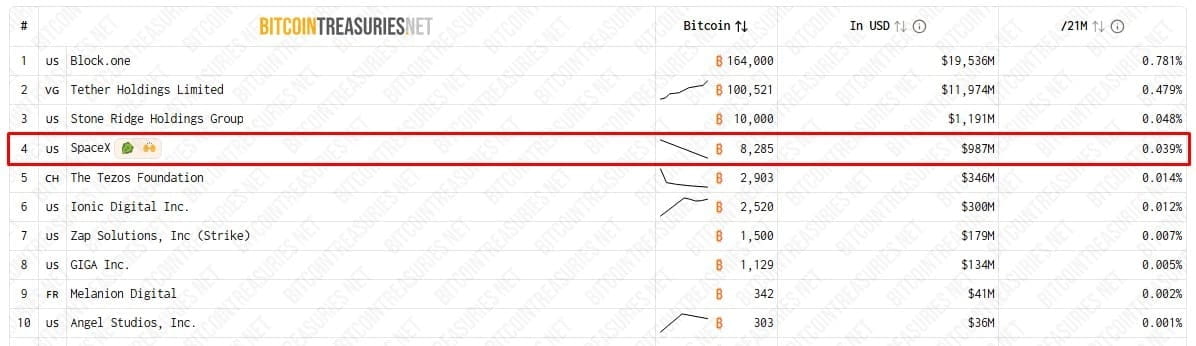 SpaceX é uma das maiores detentoras de Bitcoin do mundo. Fonte: Bitcoin Treasuries.