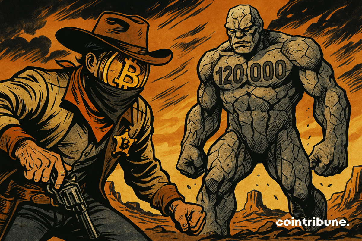 Cowboy Bitcoin armé affronte un colosse de pierre "120000" dans un désert orageux, tension extrême, ambiance comics dramatique.