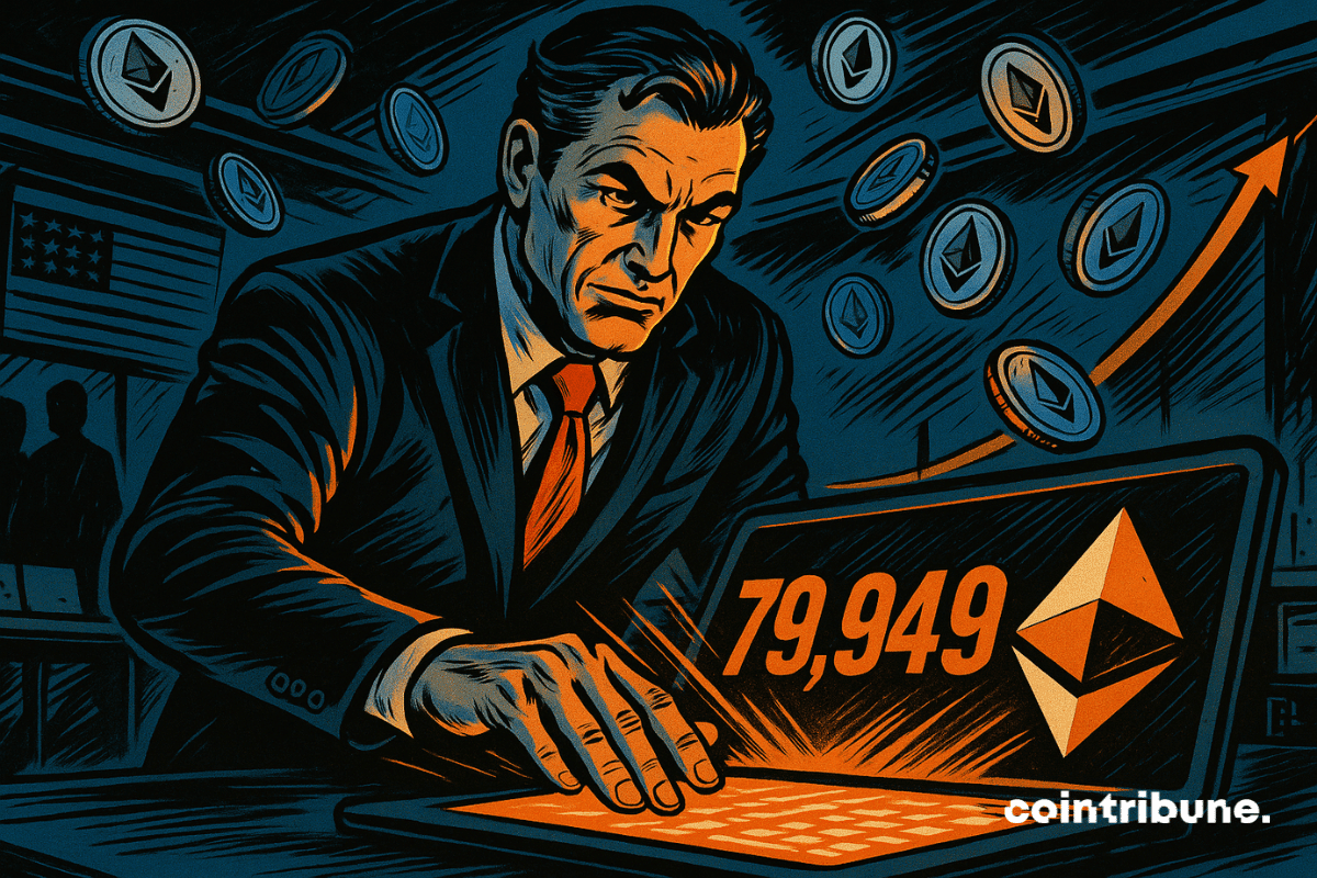 Le PDG de SharpLink, debout, penché vers un immense écran tactile courbé qui semble flotter. Il pose sa main sur une tablette numérique, activant une transaction. L’écran affiche en grand « 79 949 » avec le logo de la crypto Ethereum stylisé flottant à côté, rétroéclairé.