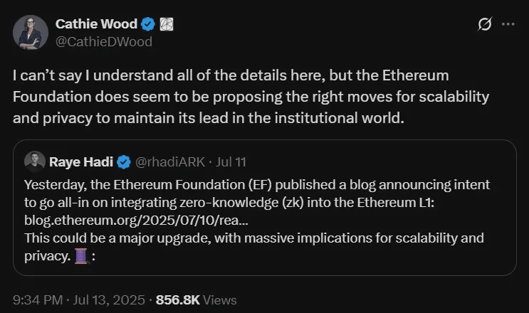 Cathie Wood backs Ethereum’s ZK push, says 'The Math Is Mathin'