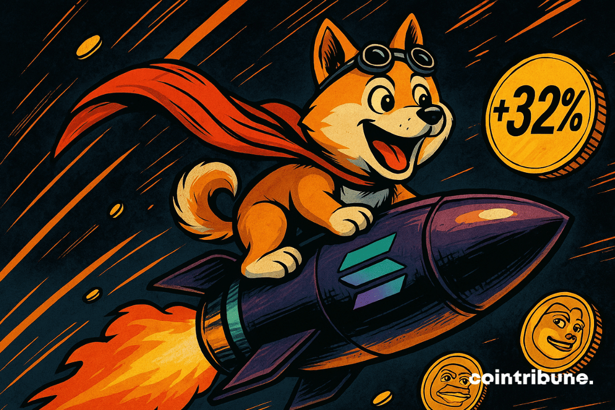 A  dog meme on rocket with Solana logo, flying past meme coins and a +32% sign.