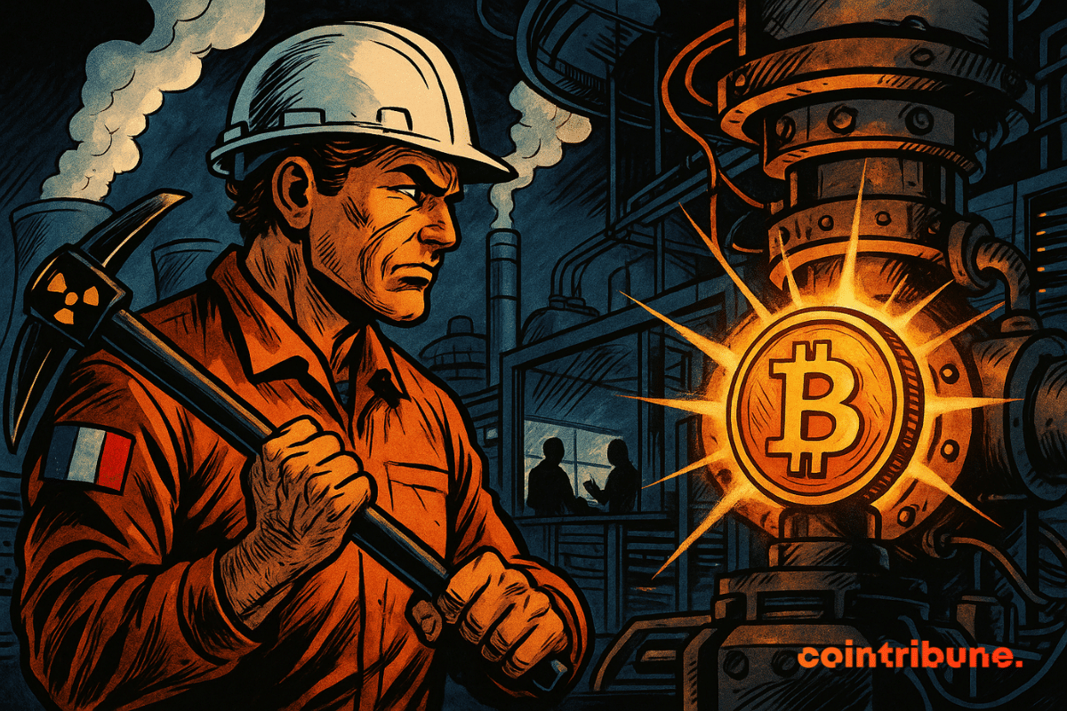 Un ingénieur français tient une pioche devant une machine nucléaire illuminant un Bitcoin, dans une centrale industrielle sombre et intense.
