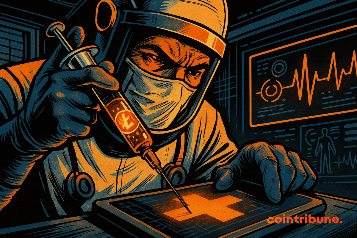 Médecin futuriste injecte Litecoin dans une tablette médicale, ambiance high-tech, couleurs orange et noir, regard intense, atmosphère mystérieuse.