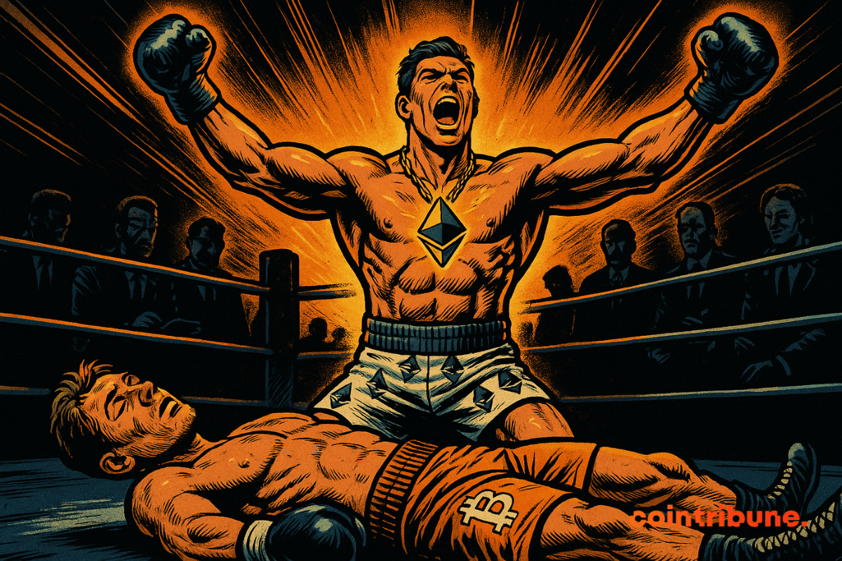 A muscular boxer with an Ethereum logo pendant raises his fists in victory while a defeated boxer with Bitcoin logos lies on the ring floor, all in a vintage 1970s comic book style.