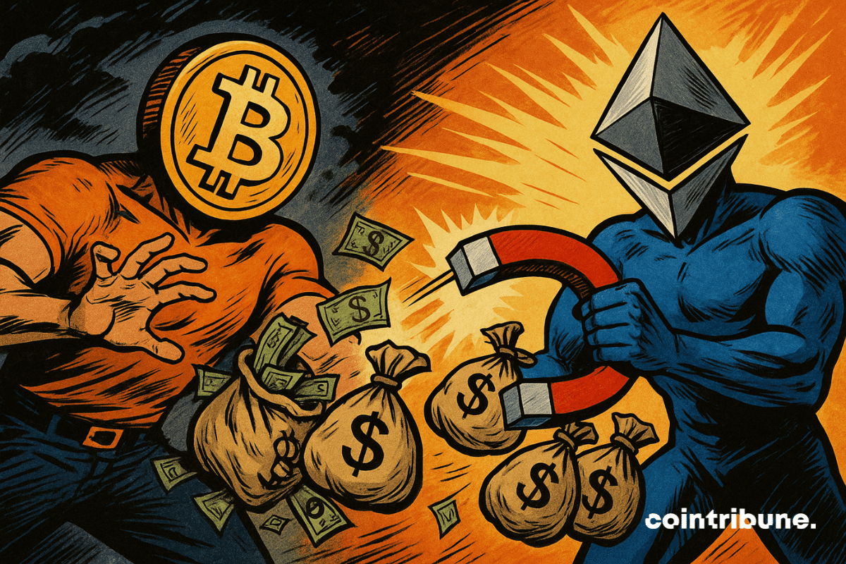 L’argent est attiré vers Ethereum sur un fond lumineux, tandis que Bitcoin se tient sur un fond sombre et orageux.