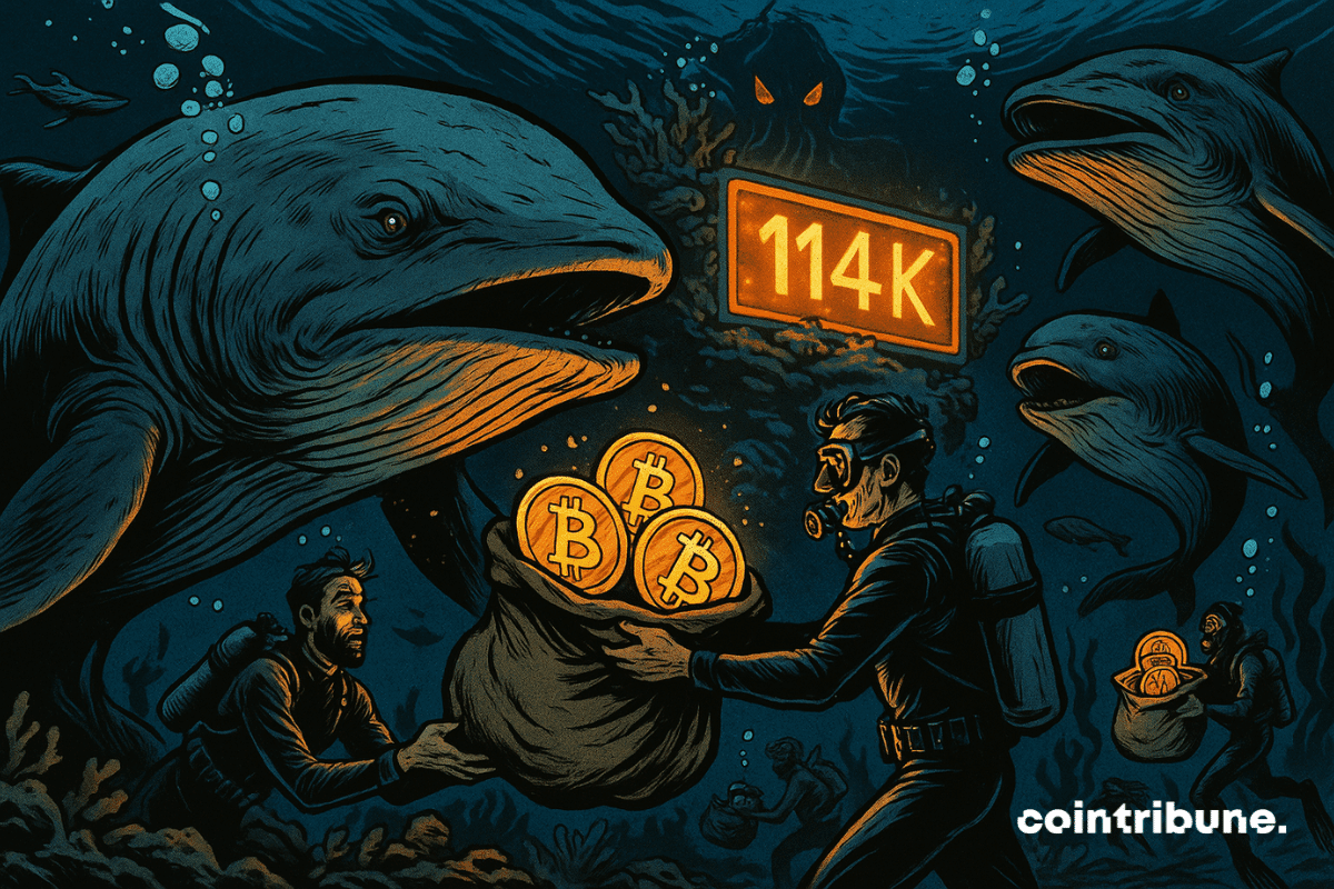 Baleines géantes échangent des sacs de Bitcoin lumineux avec des plongeurs, sous un panneau "114K", dans un marché sous-marin surréaliste.