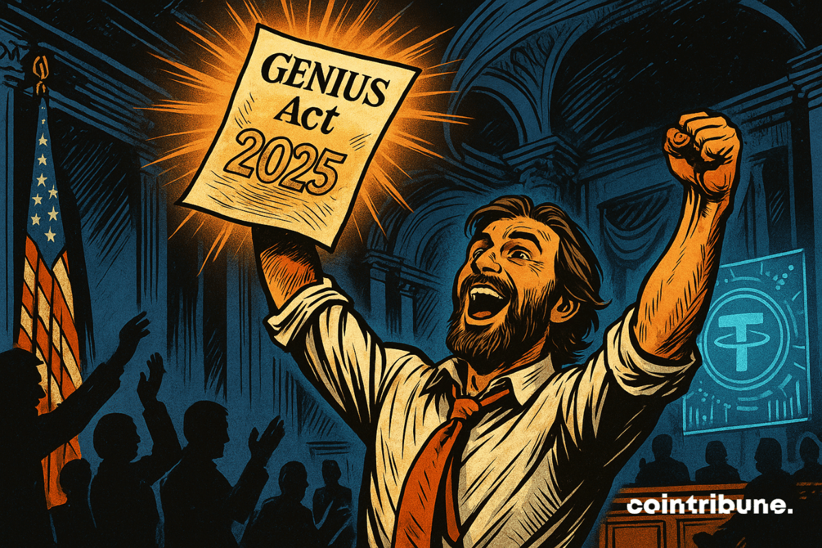 Homme barbu euphorique brandit un document "GENIUS Act 2025", lumière orange éclatante, foule applaudissante, drapeau américain, ambiance triomphale.