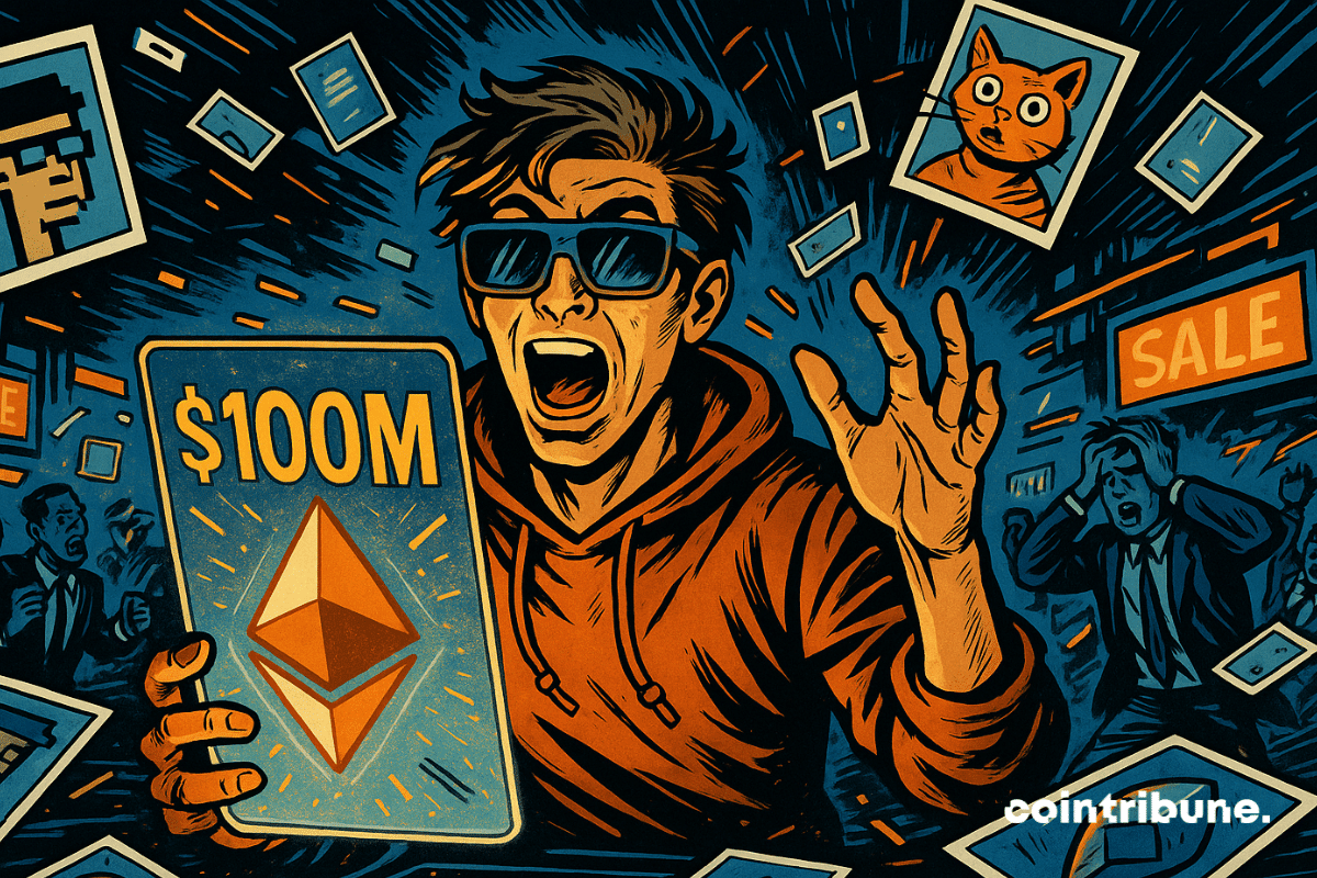 Un homme en sweat à capuche réagit aux ventes de NFT Ethereum de 100 millions de dollars sur une tablette numérique.