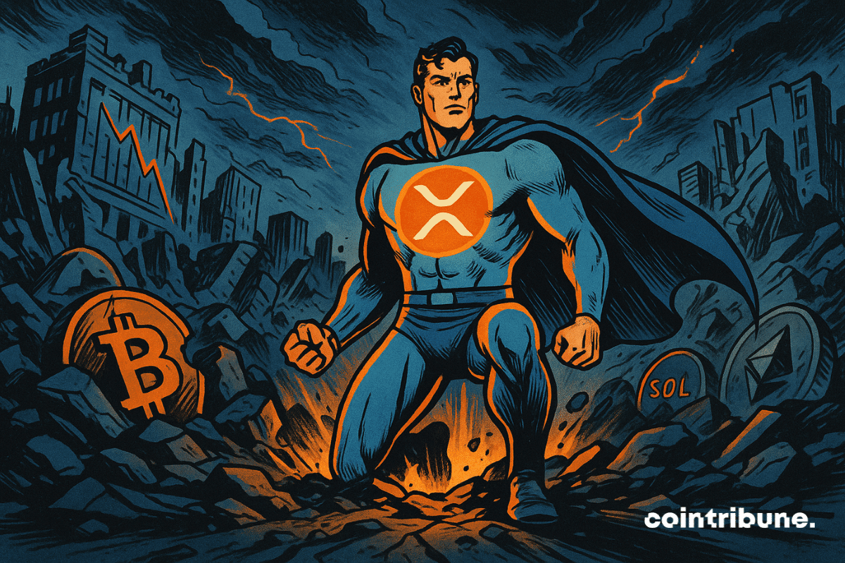 La crypto XRP personnifié en héros masqué à l’aspect lisse et digital, se relevant au centre des décombres, sur une place financière effondrée, bâtiments en ruines, graphiques en chute libre.