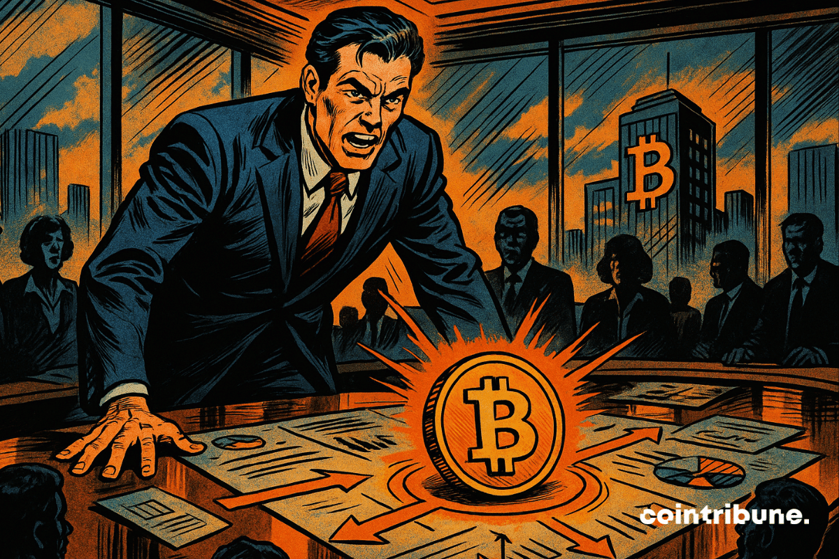 Le PDG présente des Bitcoins brillants dans la salle de réunion.