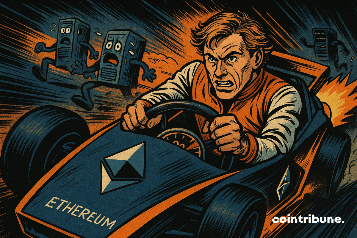 ChatGPT a dit : Buterin fonce dans une voiture Ethereum futuriste, poursuivi par des serveurs anthropomorphes paniqués, dans une scène explosive et dynamique.