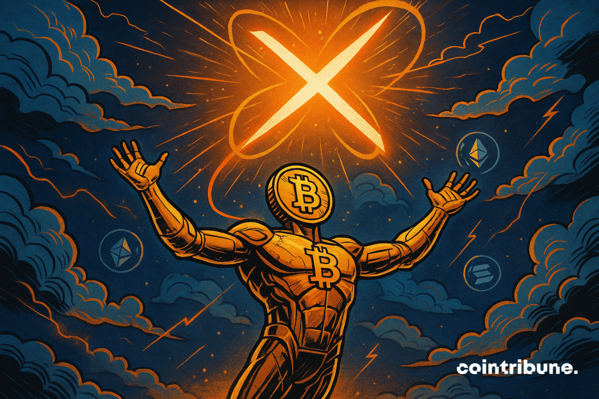 Une figure humanoïde géante faite de circuits imprimés dorés, représentant le Bitcoin personnifié. Il est debout sur un promontoire de nuages stylisés. Sa tête est remplacée par un grand logo Bitcoin. Il a les bras levés vers le ciel dans une pose de victoire ou d'invocation divine.