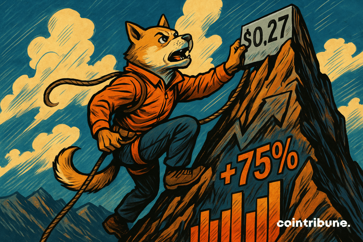Dogecoin alpiniste atteint 0,27 $ sur montagne graphique crypto en flamme