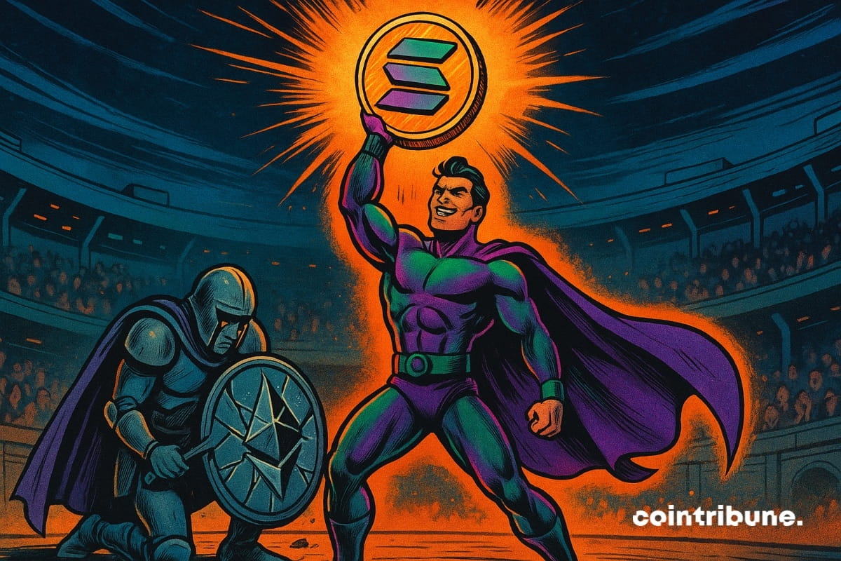 Solana en super héros avec une pièce crypto SOL brillante en main, devant un combattant Ethereum fracturé.