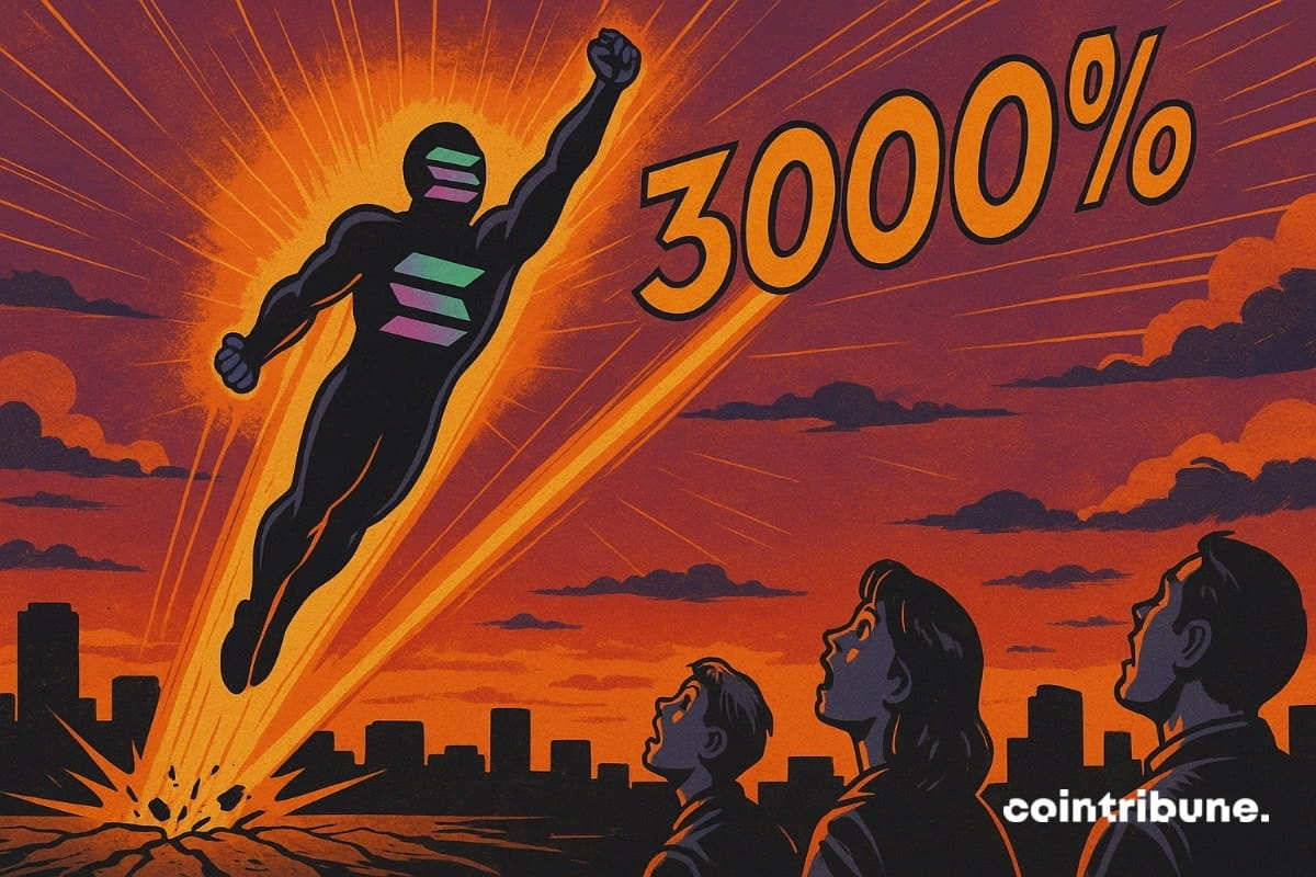 Solana sous forme de héros, s’envole sous un ciel affichant 3000 %, devant des investisseurs crypto.