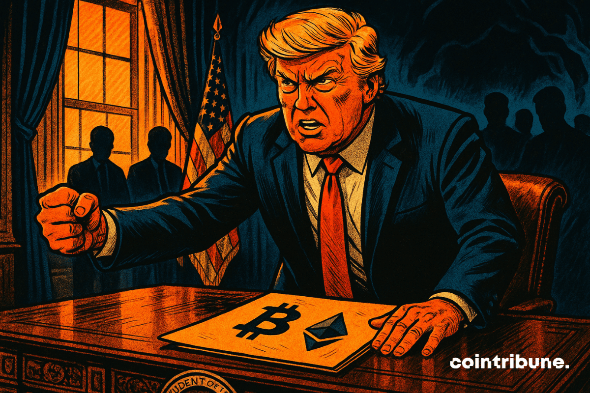 Donald Trump, furieux mais déterminé, frappe du poing sur le bureau ovale, dossier crypto en main. Silhouettes mystérieuses en arrière-plan, tension dramatique autour des lois sur les cryptomonnaies. Demander à ChatGPT