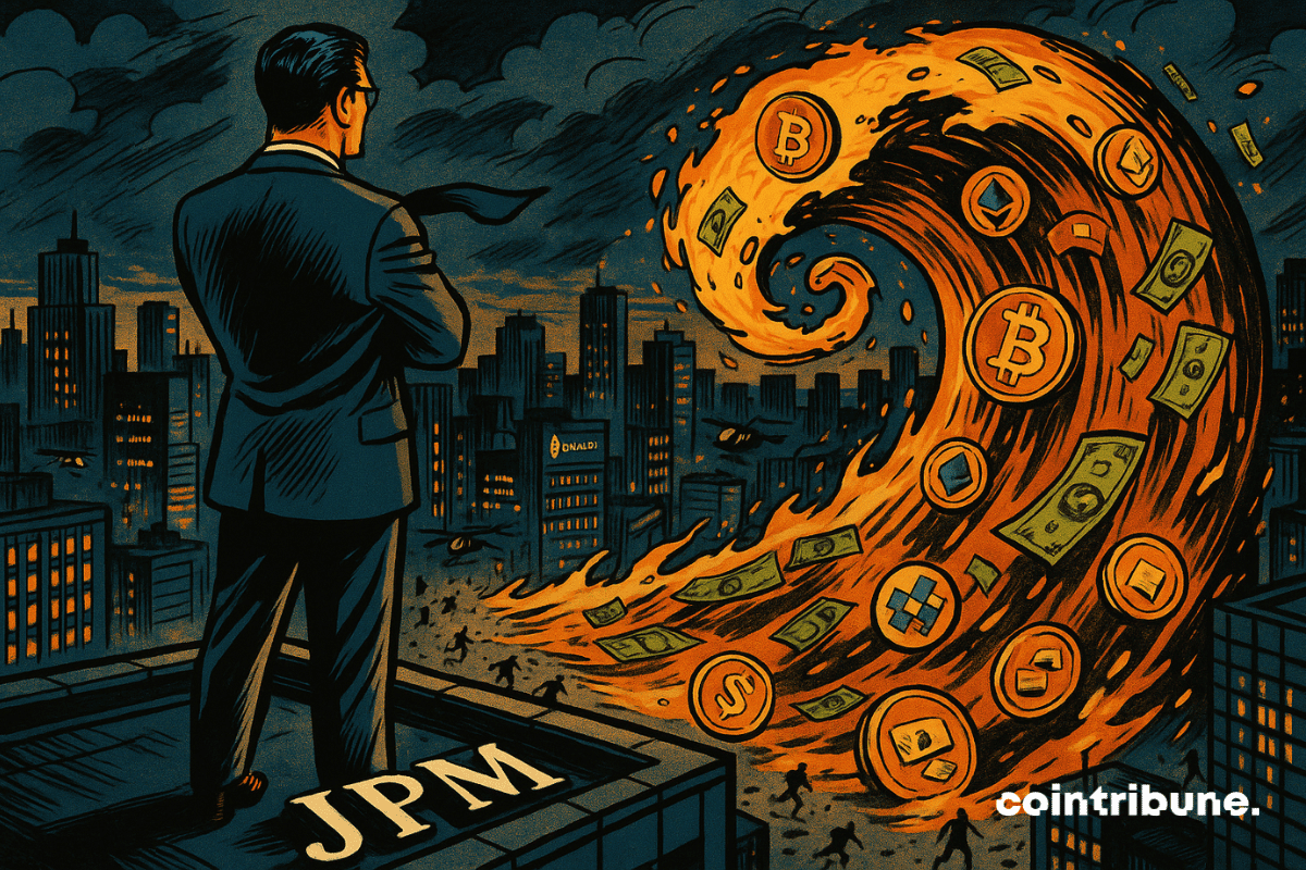 Un banquier JPMorgan au sommet d’un gratte-ciel observe une vague géante de crypto (jetons stylisés ₿, billets, NFT pixelisés) qui monte depuis la ville, comme un tsunami prêt à tout submerger.