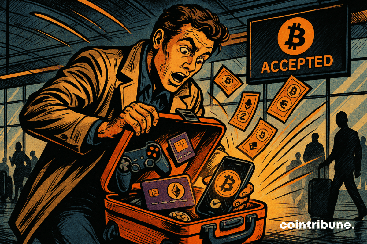 Voyageur stupéfait découvre sa valise remplie d’objets crypto, dans un aéroport futuriste affichant "Bitcoin Accepted", ambiance dynamique rétro.