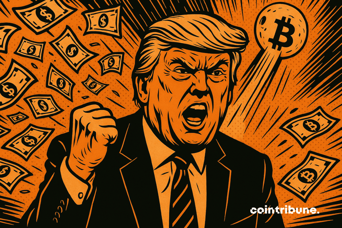 Donald Trump bouche ouverte dans un discours passionné, entouré de dollars et de bitcoins
