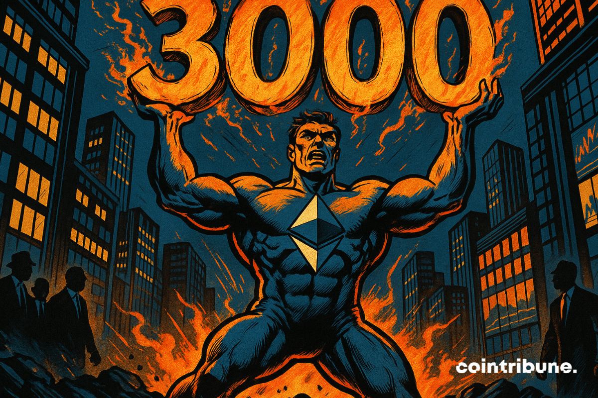 Une puissante figure de super-héros avec le logo Ethereum sur sa poitrine lève un « 3000 » enflammé au-dessus de sa tête