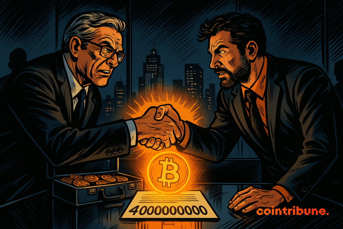 Deux hommes en costume se serrent la main devant une mallette de Bitcoins et un contrat marqué "4 000 000 000", ambiance dramatique.