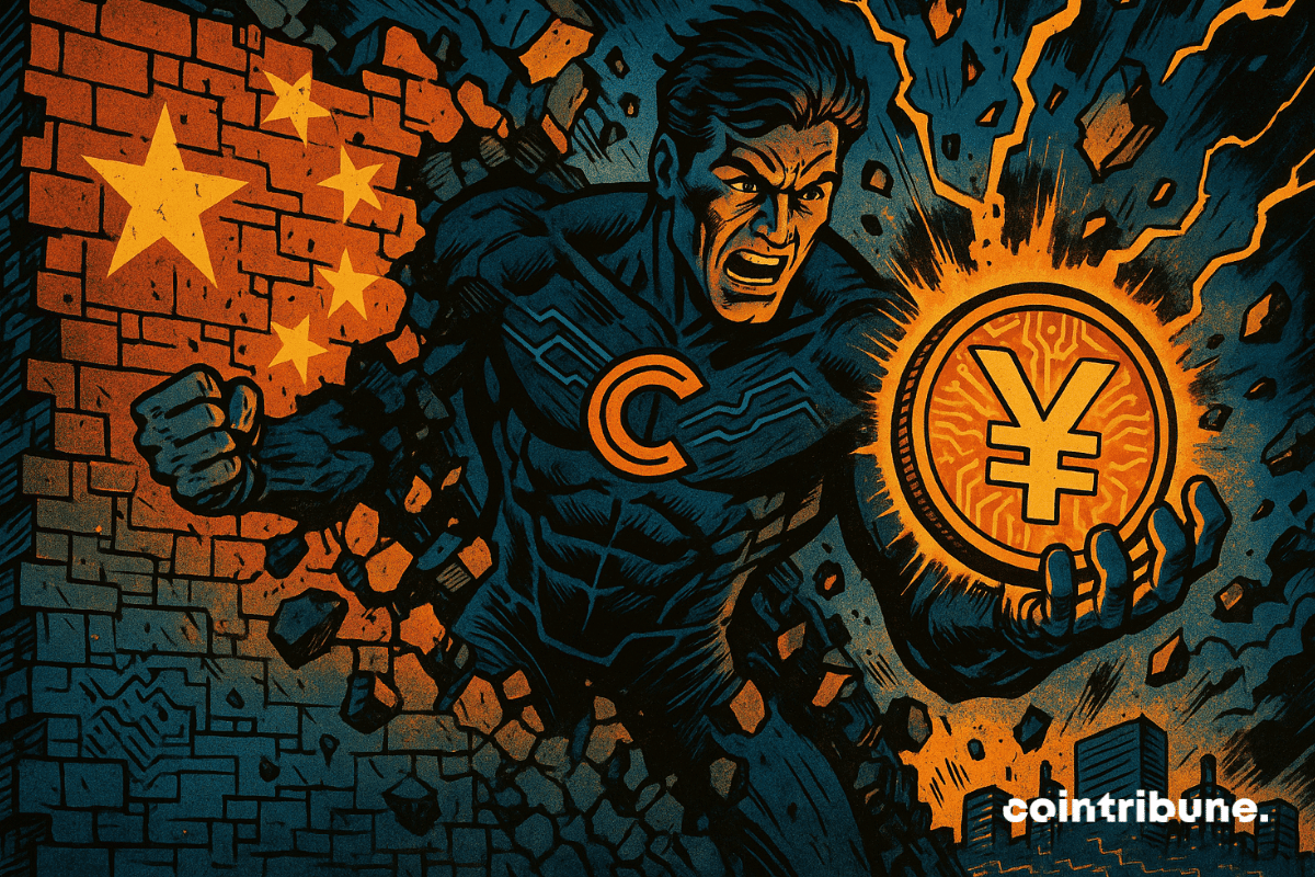 Un super-héros traverse un mur avec le drapeau chinois, tenant un stablecoin lumineux comportant le symbole du yuan.