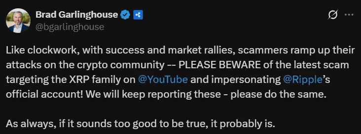 Ripple flags a new XRP scam wave on YouTube.