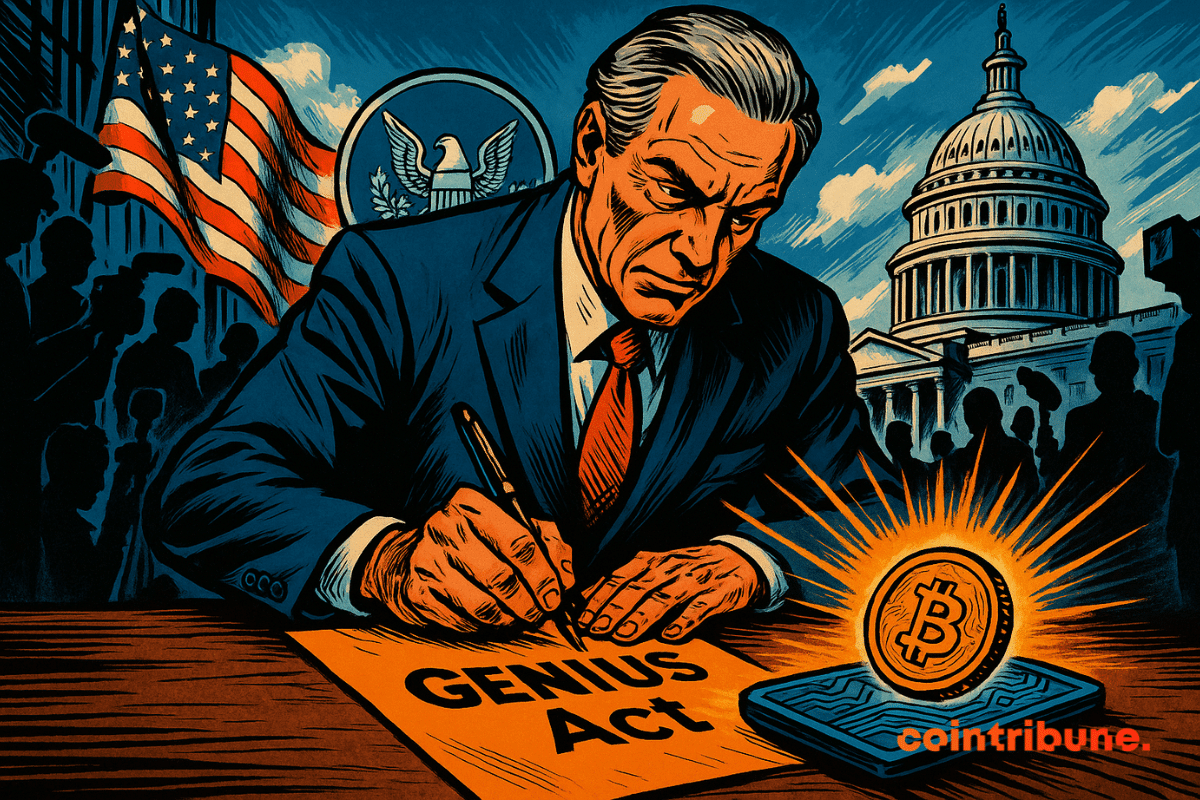 Un politicien signe solennellement le *Genius Act*, sous les projecteurs de Washington, tandis qu’un symbole crypto brillant émerge d’un portefeuille numérique.