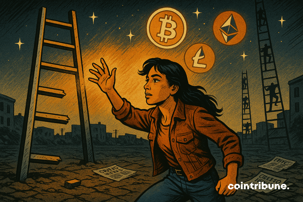 Mujer joven latinoamericana extendiendo la mano hacia una escalera rota bajo un cielo con símbolos de criptomonedas como Bitcoin y Ethereum, en un entorno urbano oscuro con estilo de cómic vintage.