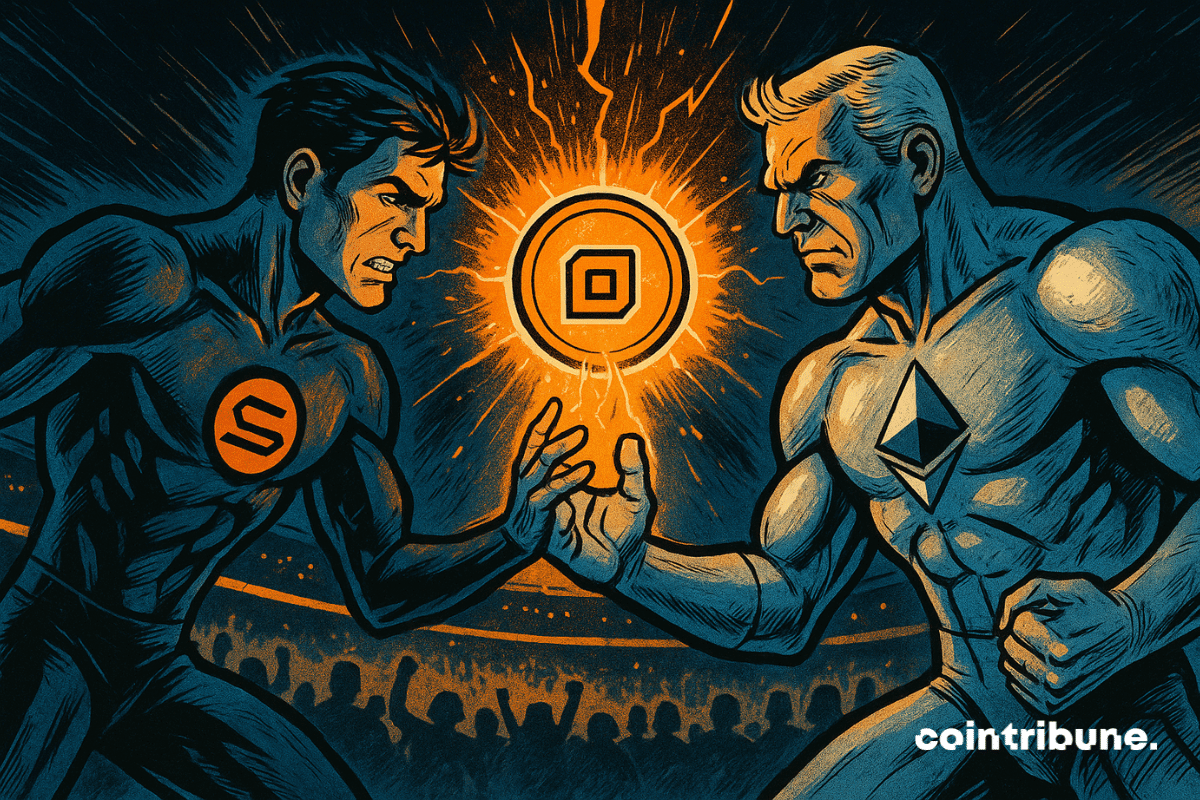 Dans une arène survoltée, Solana et Ethereum s’affrontent pour un actif tokenisé lumineux. Leurs regards brûlants incarnent la rivalité féroce des blockchains dans un duel technologique épique.