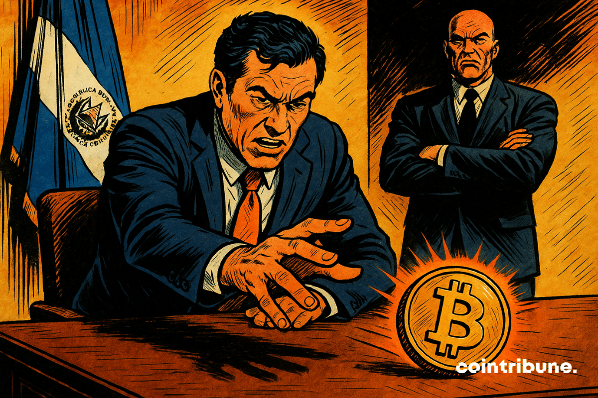 Un politicien salvadorien en costume rejette un Bitcoin lumineux sur une table