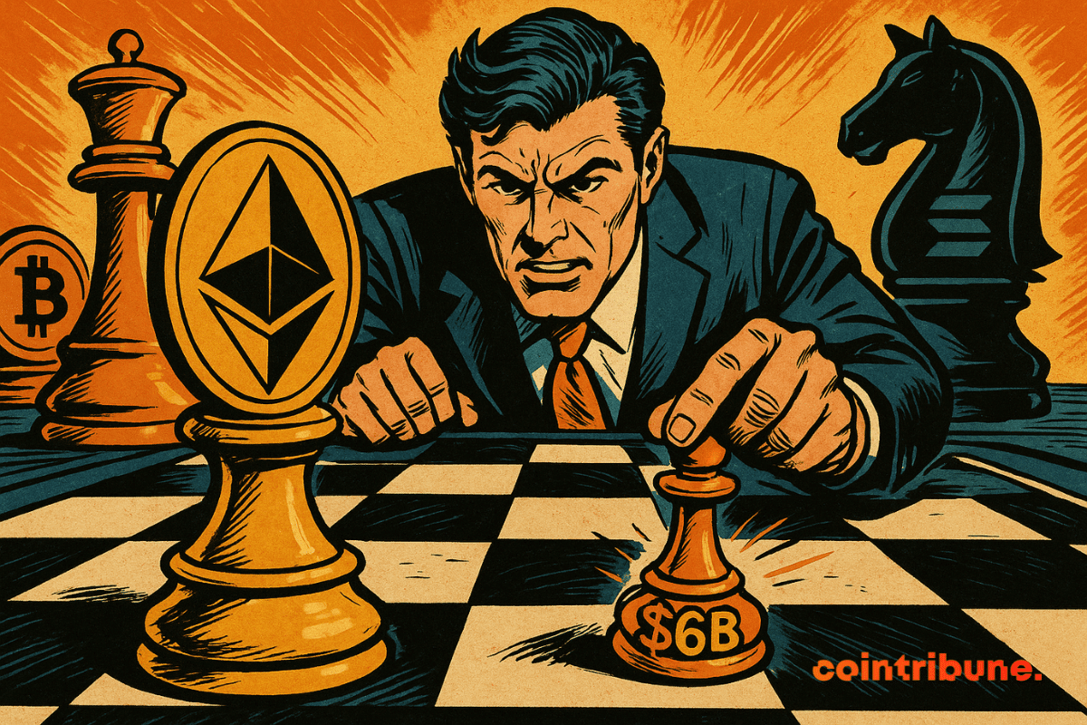 Un homme en costume joue aux échecs avec des pièces crypto, plaçant un pion de 6 milliards de dollars près d'un roi Ethereum dans un style de bande dessinée audacieux des années 1970.