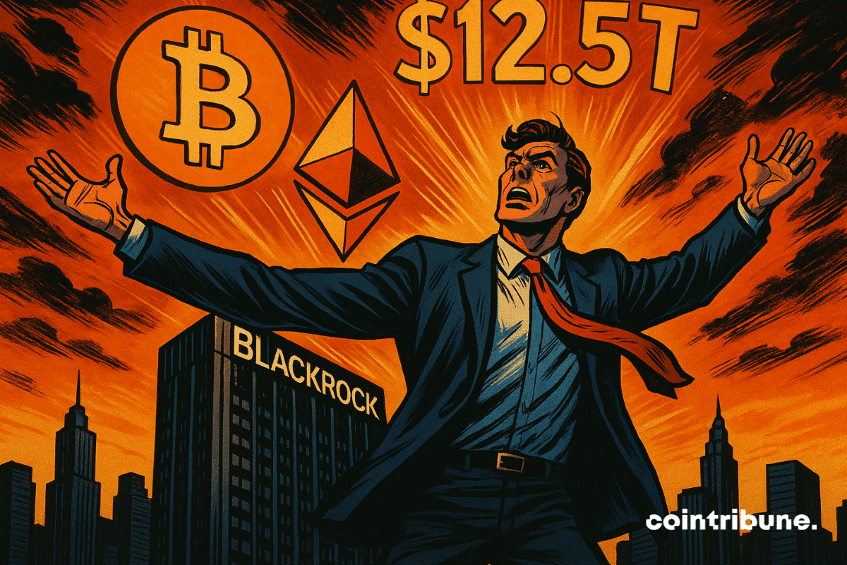Un homme d'affaires se tient au sommet d'un gratte-ciel BlackRock, les bras levés tandis que les symboles Bitcoin, Ethereum et « 12,5 T » brillent dans le ciel derrière lui.